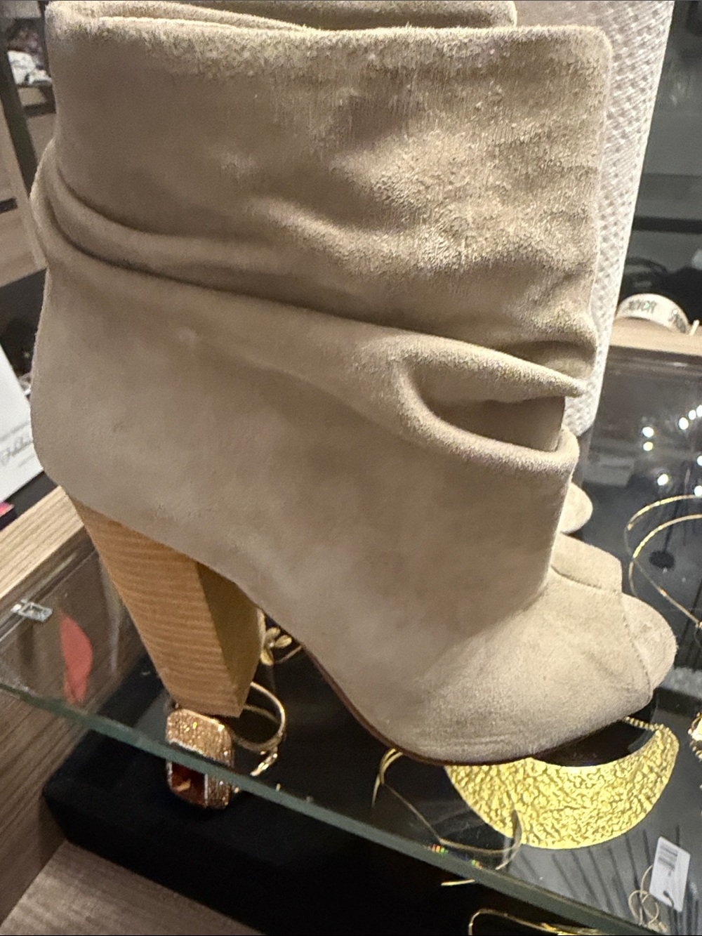 Chinese Laundry Taupe Suede Slouch Peep-Toe Ankle Boot